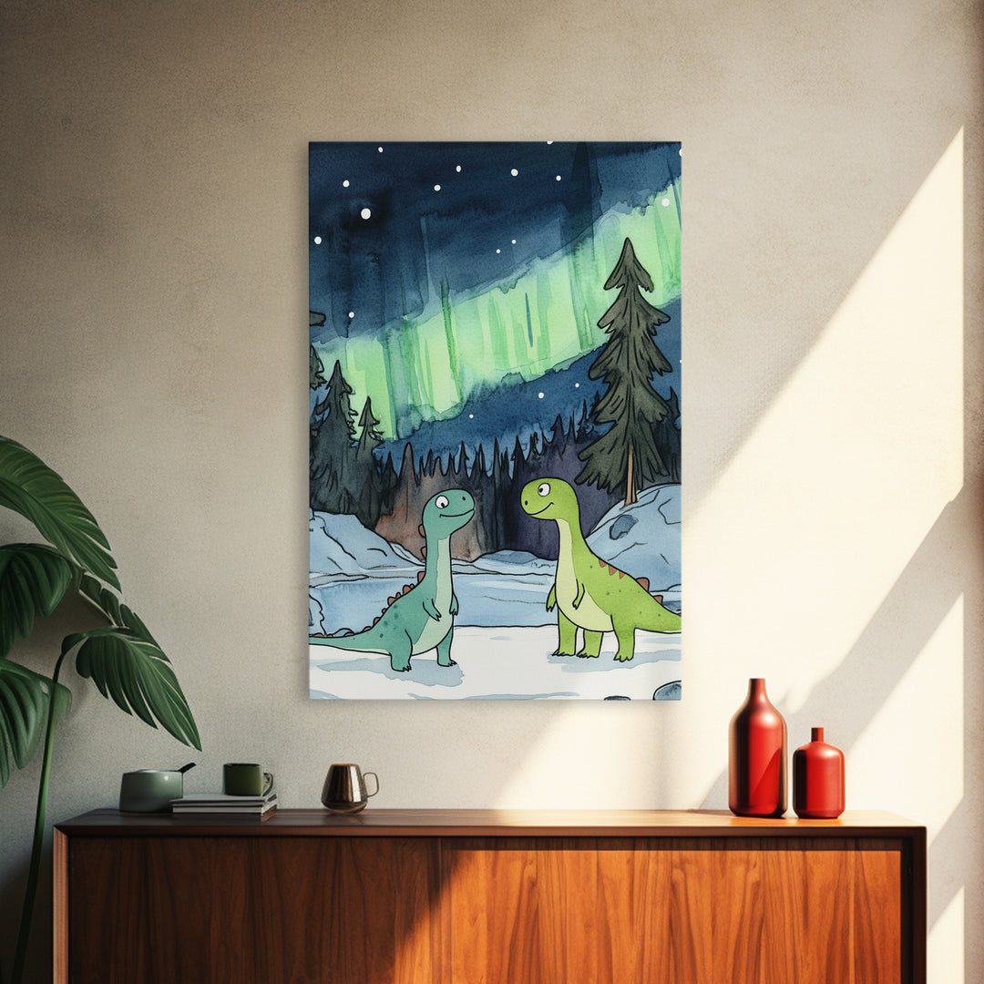 Two Smiling Dinosaurs In Snowy Forest Wall Art, Northern Lights Nursery Decor, Whimsical Kids Room Canvas Print, Baby Shower Gift