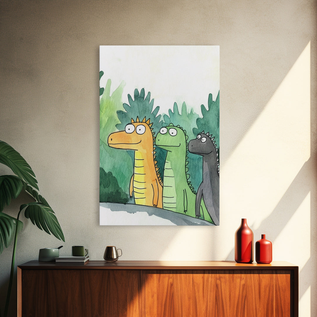 Three Cute Dinosaurs In Green Jungle Wall Art, Whimsical Animal Nursery Decor, Kids Room Art Print, Colorful Canvas Print