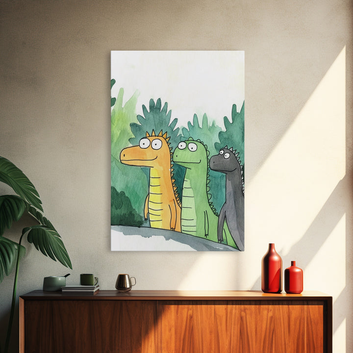 Three Cute Dinosaurs In Green Jungle Wall Art, Whimsical Animal Nursery Decor, Kids Room Art Print, Colorful Canvas Print