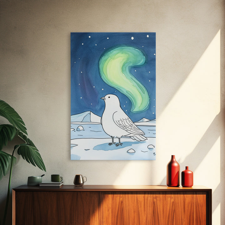 White Arctic Bird Beneath Northern Lights Wall Art, Winter Nature Decor, Celestial Bird Art Print, Peaceful Canvas Print