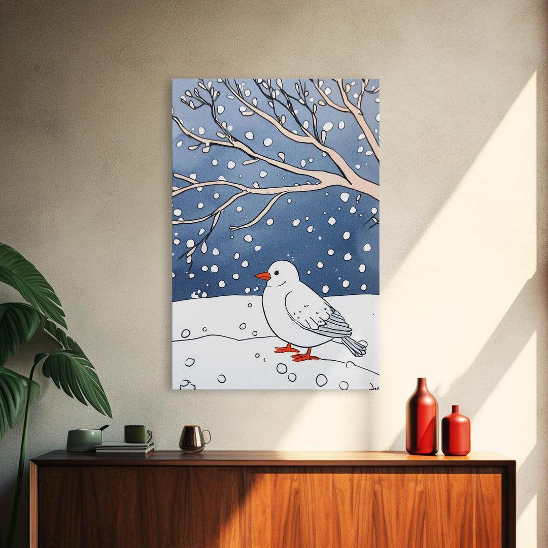White Snow Bird Under Winter Branches Wall Art, Cozy Nature Decor, Minimalist Bird Art Print, Scandinavian Decor Canvas Print