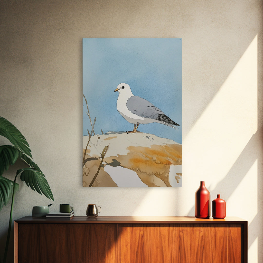 Coastal Seagull On Sunlit Rock Wall Art, Beach House Decor, Living Room Decor, Ocean Bird Art Print, Nautical Framed Canvas Print