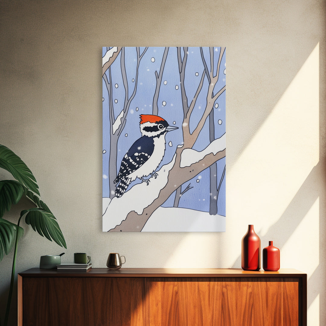 Red Capped Woodpecker In Snowy Winter Forest Wall Art, Woodland Bird Print, Nursery Decor, Rustic Cabin Decor, Nature Gift
