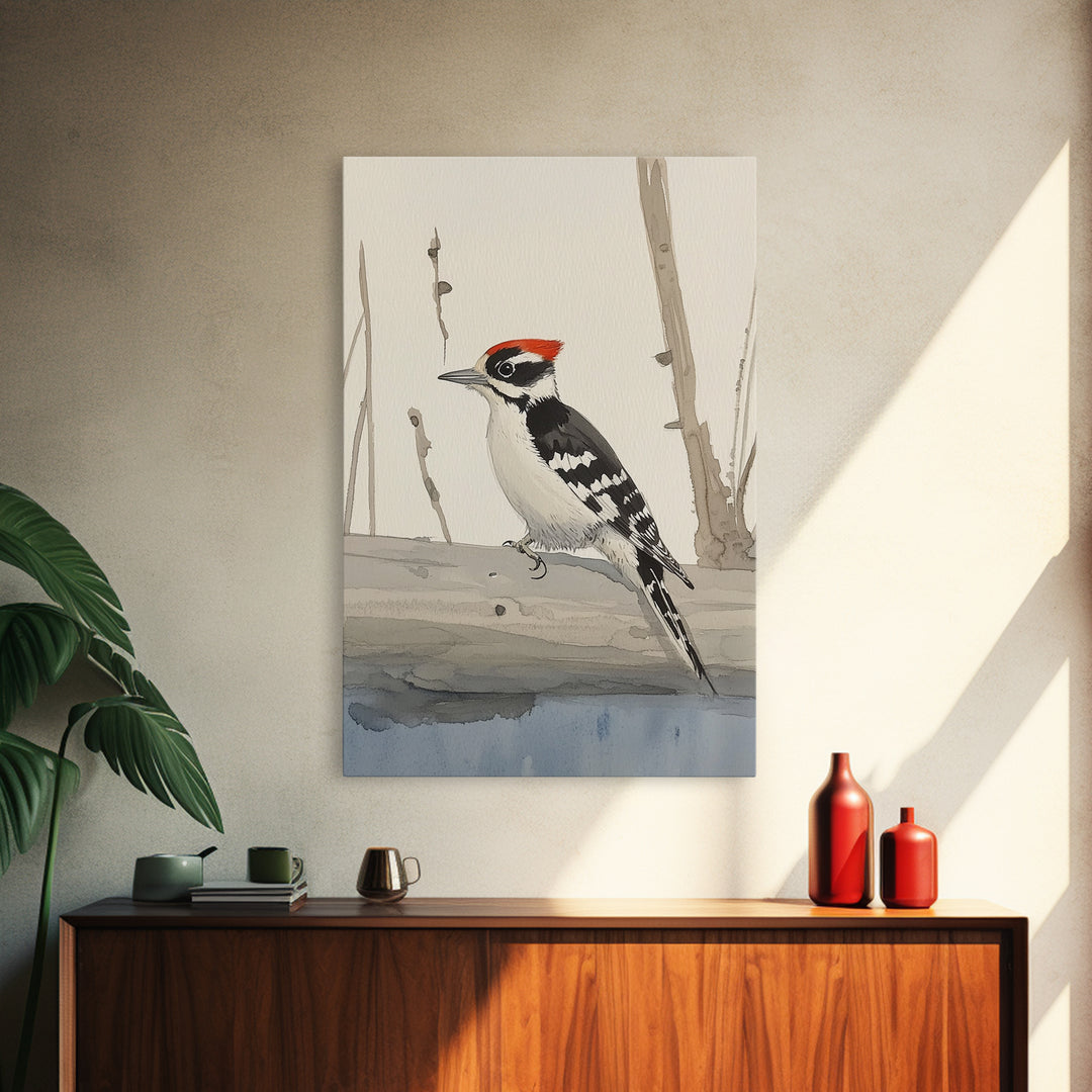 Red Crown Woodpecker On Winter Log Wall Art, Minimalist Bird Print, Woodland Nursery Decor, Rustic Nature Art, Cabin Decor