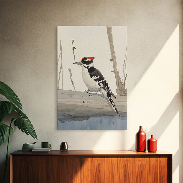 Red Crown Woodpecker On Winter Log Wall Art, Minimalist Bird Print, Woodland Nursery Decor, Rustic Nature Art, Cabin Decor