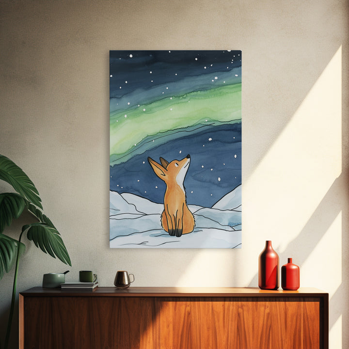 Fox Watching Northern Lights In Snow Canvas Print, Aurora Borealis Wall Art, Woodland Nursery Decor, Winter Cabin Decor, Gift