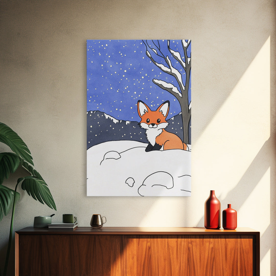 Cute Fox In Snowy Mountain Night Wall Art, Woodland Animal Print, Winter Nursery Decor, Cabin Wall Decor, Whimsical Art Print
