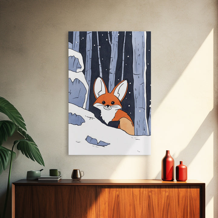 Fox Peeking From Snowy Forest Canvas Print, Woodland Animal Wall Art, Whimsical Nursery Decor, Winter Cabin Decor, Fox Art