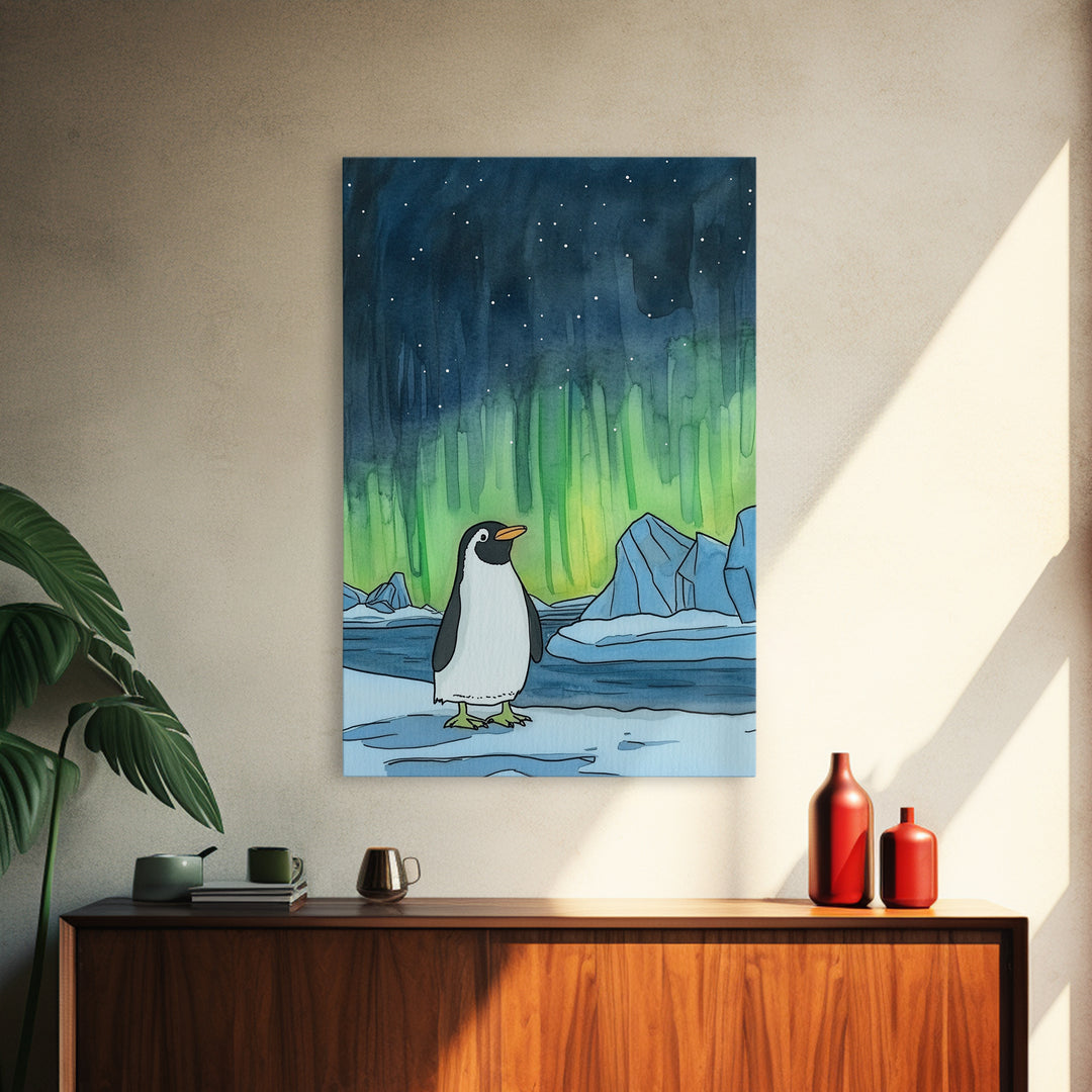 Penguin Under Northern Lights Canvas Print, Arctic Animal Wall Art, Kids Room Decor, Aurora Nursery Art, Gift For Him, Home Decor