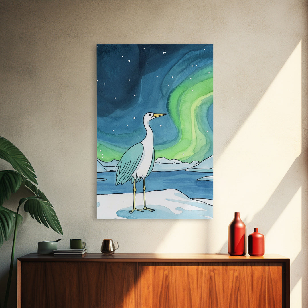 White Heron Under Northern Lights Canvas Print, Arctic Bird Wall Art, Coastal Nature Home Decor, Serene Nursery Gift For Her