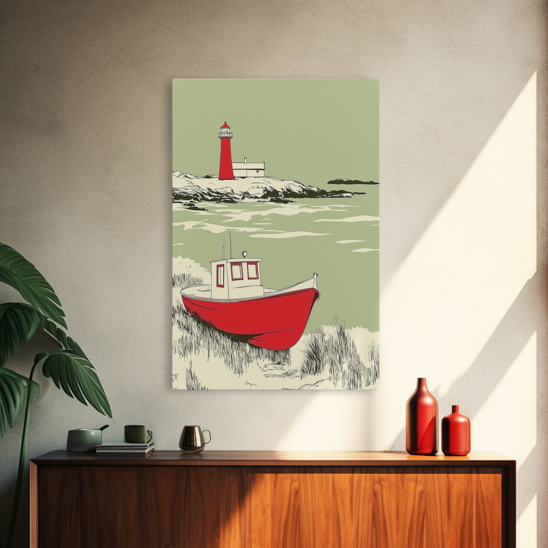 Red Fishing Boat And Lighthouse Canvas Print, Coastal Wall Art, Nautical Beach House Decor, Seascape Gift For Him, Living Room Decor