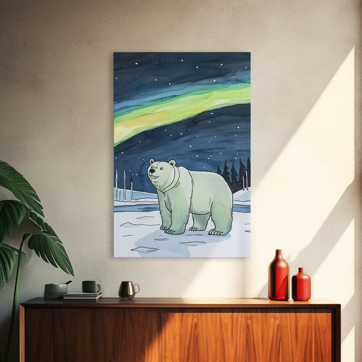Polar Bear Under Northern Lights Wall Art, Arctic Wildlife Canvas Print, Winter Nature Decor, Nursery Gift For Kids Room