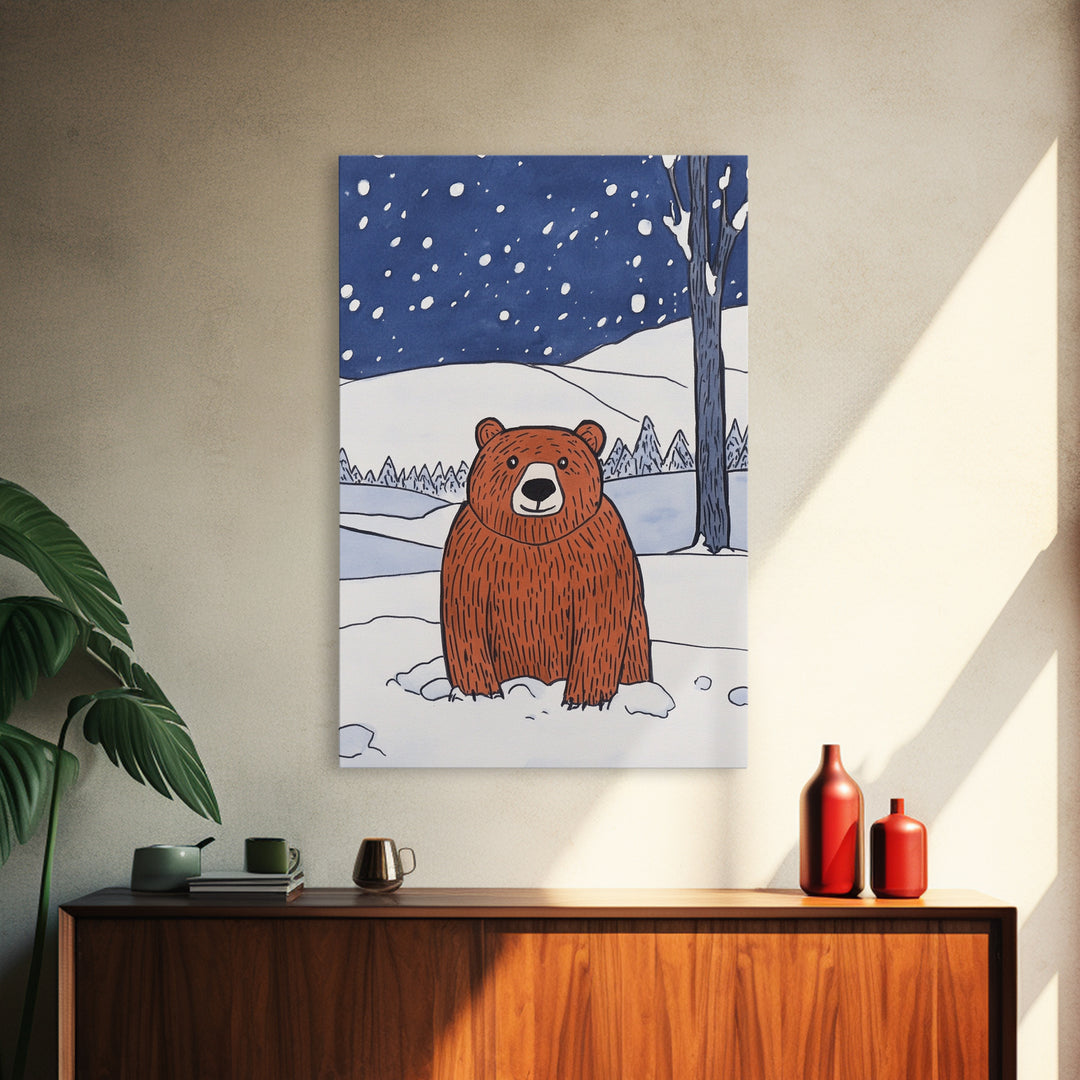 Brown Bear In Snowy Forest Wall Art, Woodland Animal Canvas Print, Rustic Nursery Decor, Winter Wildlife Gift For Kids Room Decor