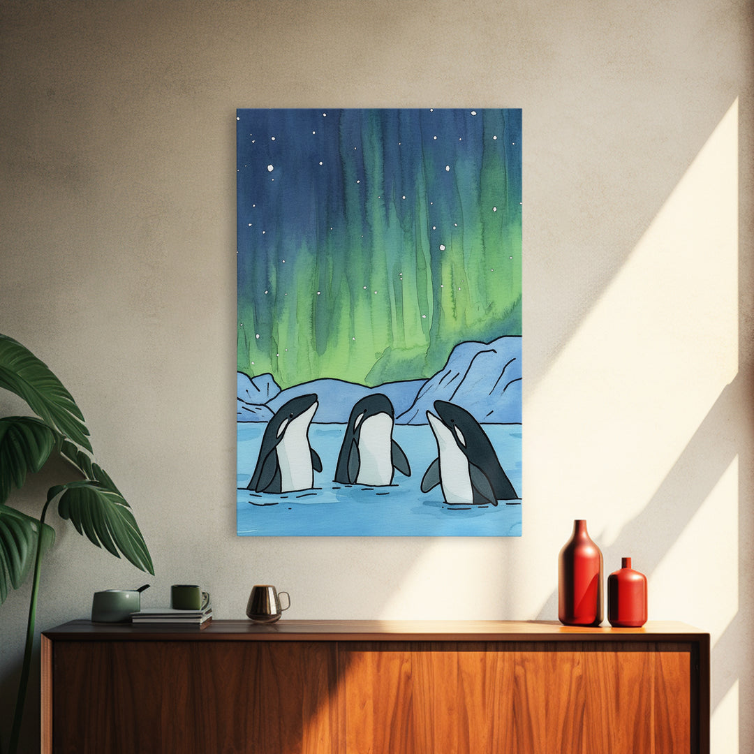 Orca Whales Under Northern Lights Wall Art, Arctic Ocean Print, Marine Life Decor, Coastal Nursery Art, Whale Lover Gift