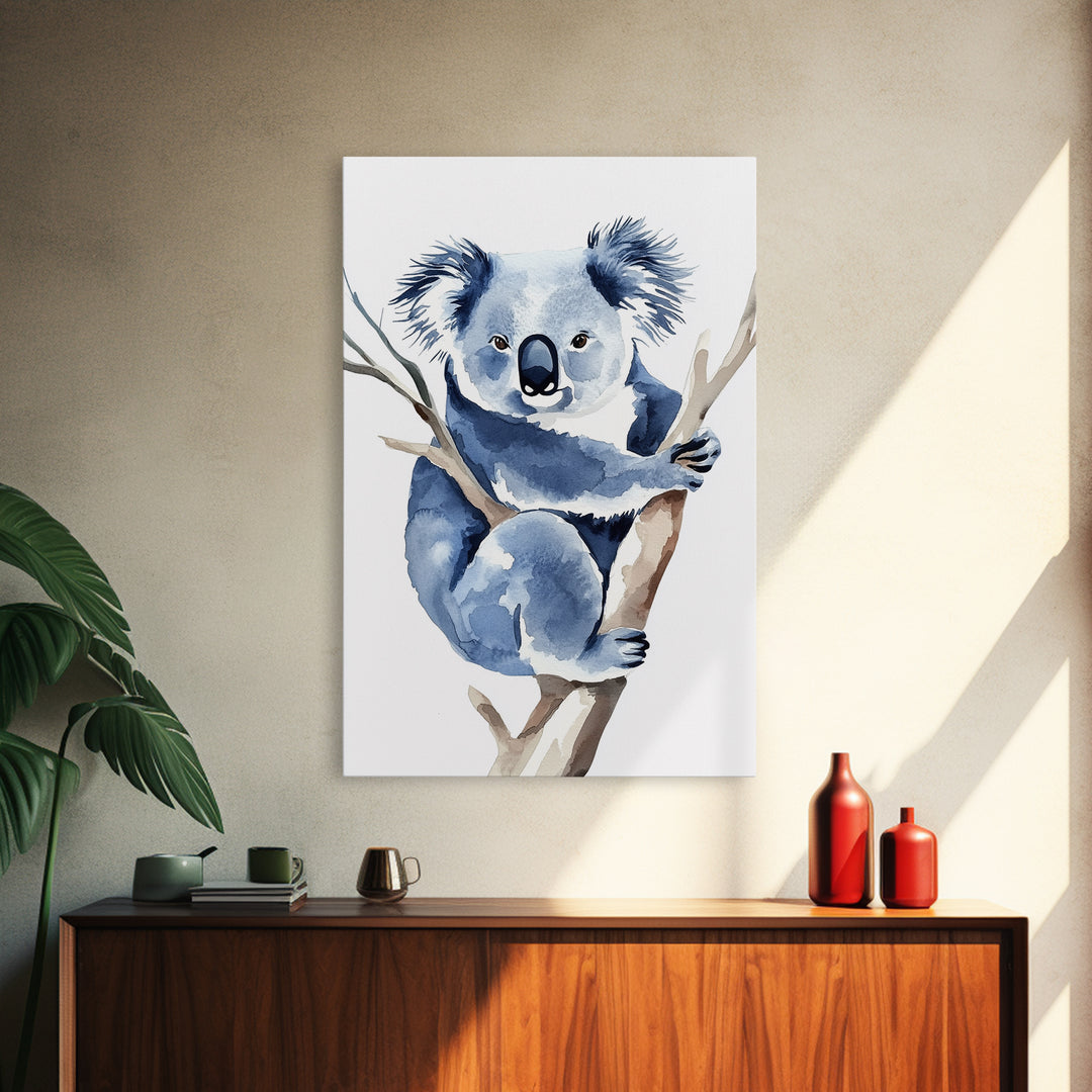 Blue Koala Climbing Eucalyptus Canvas Print, Watercolor Animal Wall Art, Nursery Decor, Kids Room Art, Wildlife Art Print