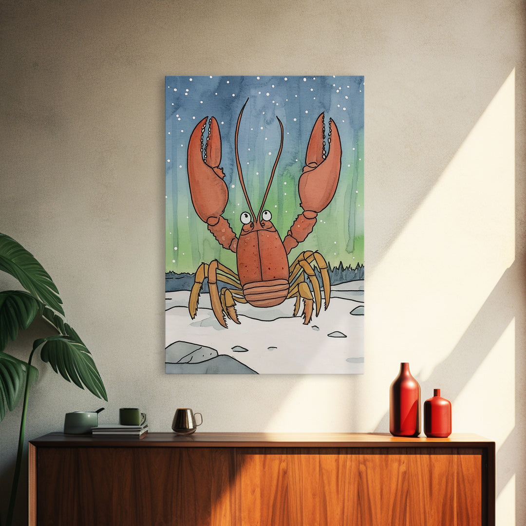 Whimsical Lobster Under Starry Sky Canvas Print, Coastal Animal Wall Art, Nautical Nursery Decor, Ocean Life Art Print, Kids Room Decor