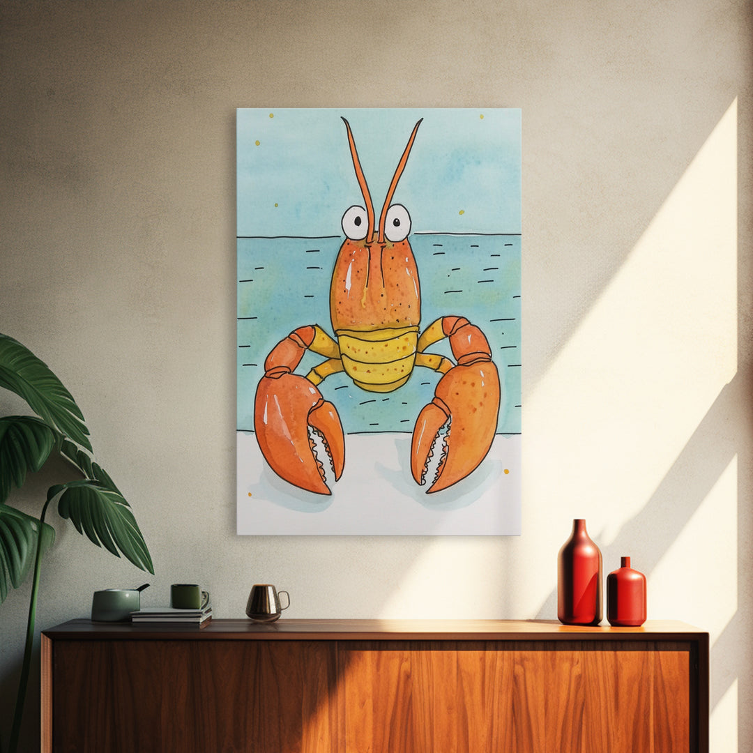 Cute Orange Lobster By The Sea Wall Art, Coastal Kitchen Decor, Nautical Bathroom Print, Seafood Art, Beach House Decor Gift