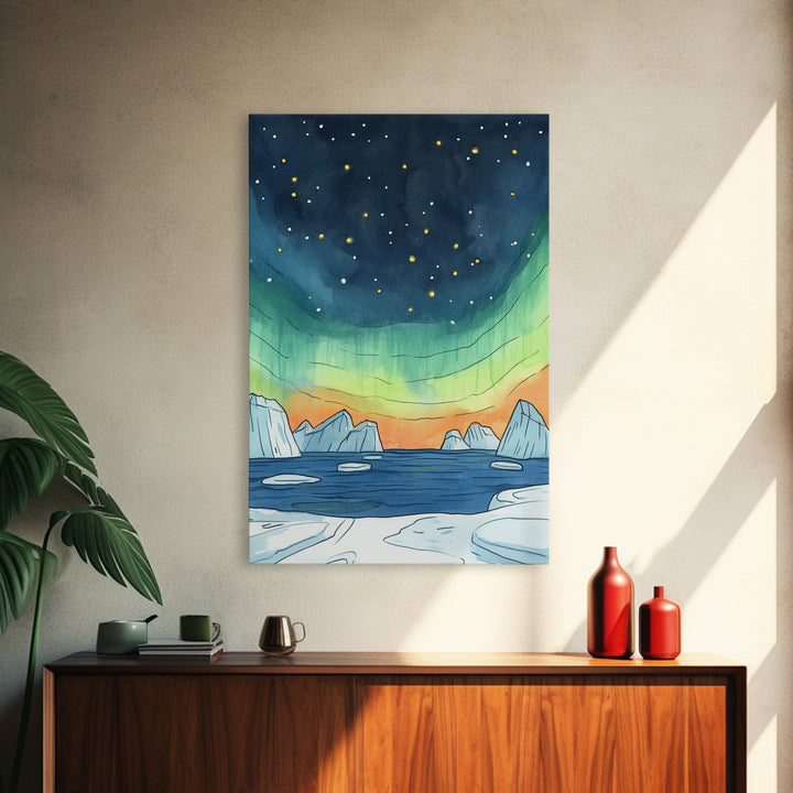 Northern Lights Over Icebergs Canvas Print, Arctic Ocean Wall Art, Aurora Seascape Decor, Coastal Landscape Gift For Her