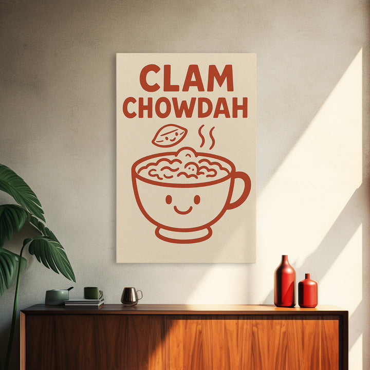 Cute Clam Chowdah Soup Bowl Wall Art, Funny Kitchen Print, New England Seafood Decor, Coastal Cafe Gift For Food Lover Home Decor