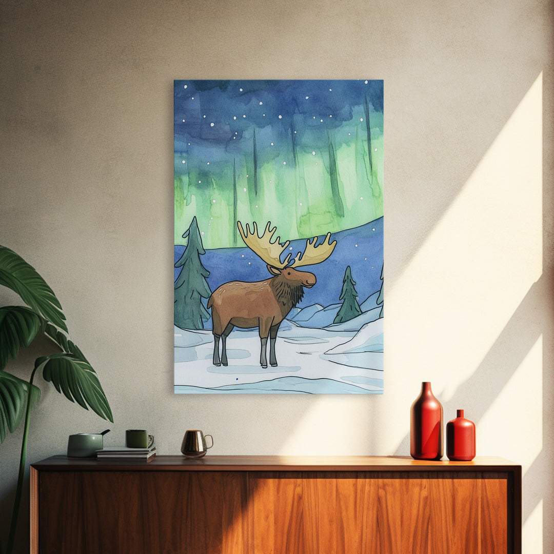 Whimsical Moose Under Green Northern Lights Canvas Print, Winter Animal Wall Art For Nursery Decor And Cozy Cabin Decor Gift