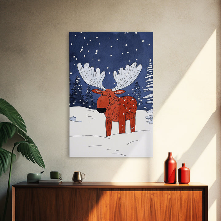 Red Whimsical Moose In Snowy Forest Canvas Print, Cute Animal Wall Art For Kids Room Decor And Nordic Winter Decor Gift Print