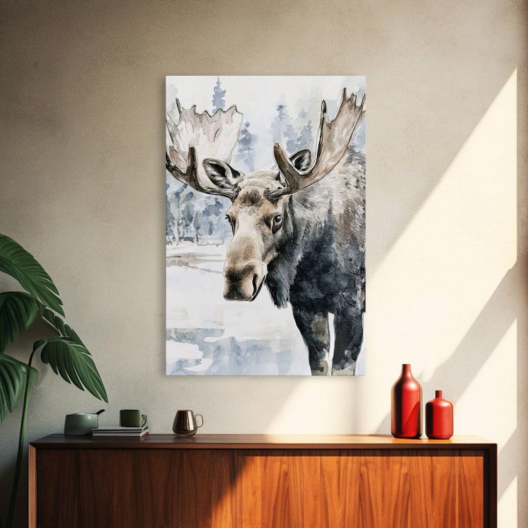 Realistic Moose Portrait In Snowy Pines Framed Canvas Print, Wildlife Wall Art For Rustic Cabin Decor And Nature Lover Gift