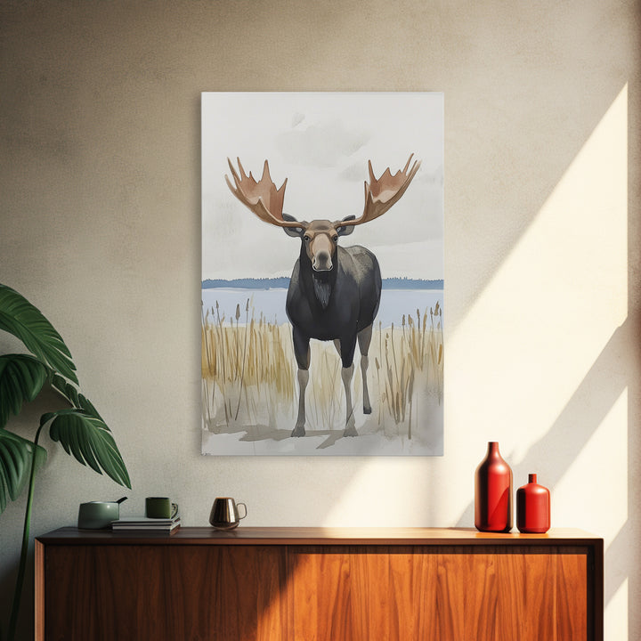Standing Moose By Quiet Lake Canvas Print, Rustic Wildlife Wall Art For Cabin Decor, Nature Wall Art, And Housewarming Gift