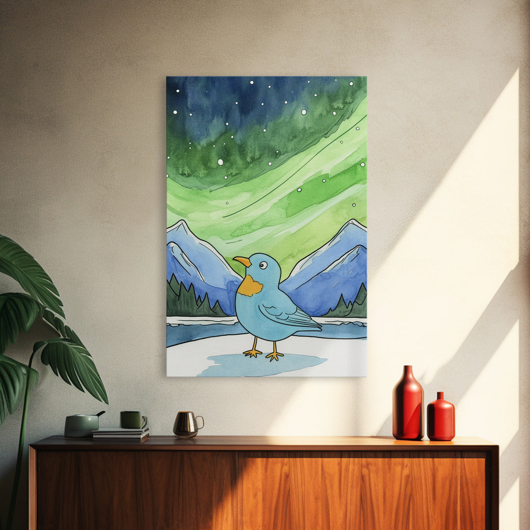Blue Bird Beneath Green Aurora Canvas Print, Whimsical Animal Wall Art For Nursery Decor, Mountain Art, And Kids Room Decor