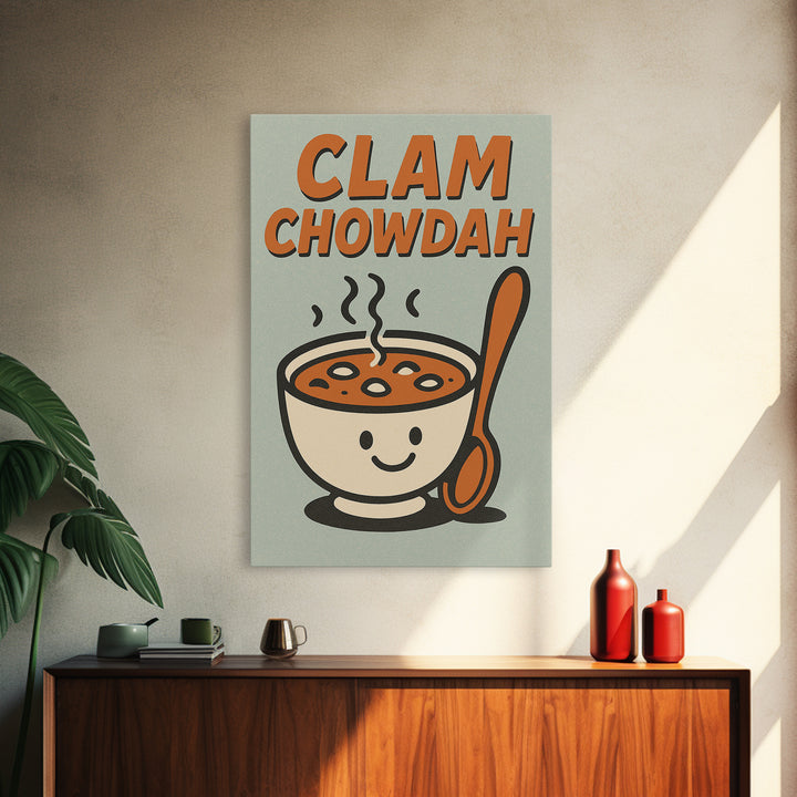 Cute Clam Chowdah Soup Bowl Wall Art, Funny Kitchen Art Print, Retro Food Poster, New England Coastal Home Decor Gift Idea