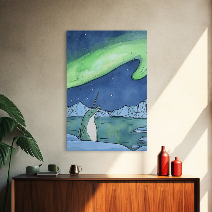 Whimsical Narwhal Under Northern Lights Canvas Print, Arctic Ocean Animal Wall Art, Nursery Decor And Kids Room Gift For Her
