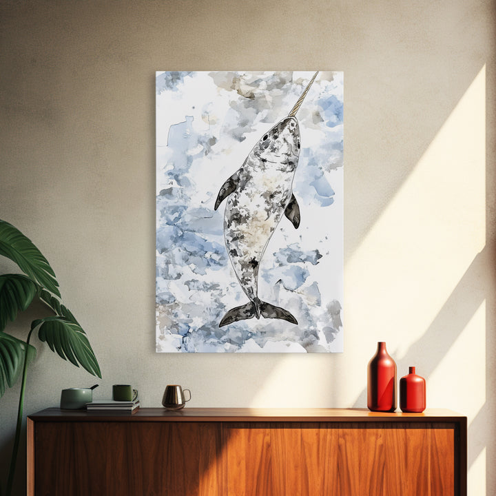 Speckled Narwhal Whale Watercolor Framed Canvas Print, Marine Life Wall Art, Ocean Animal Nursery Decor And Coastal Gift