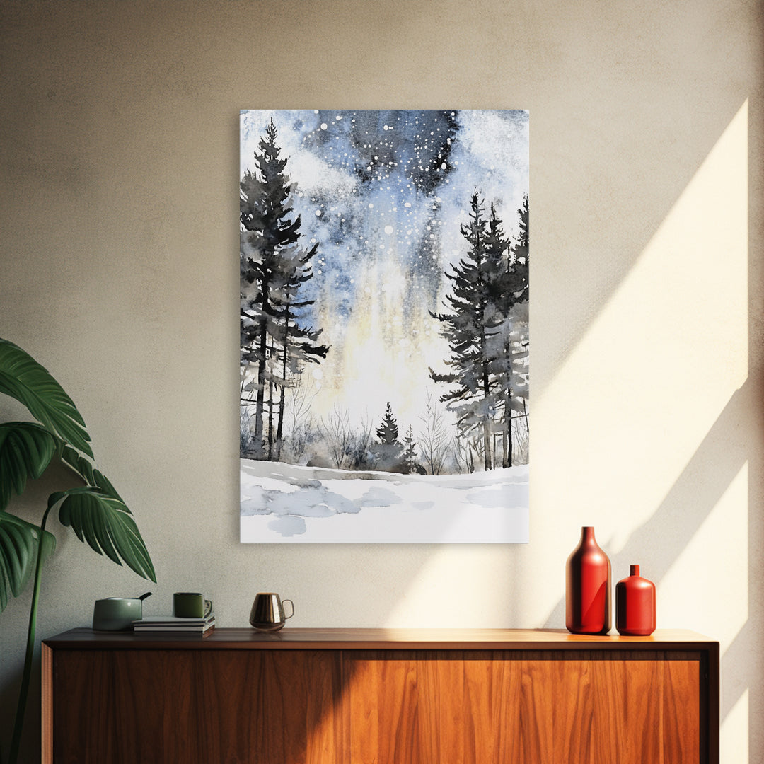 Snowy Night Pine Forest Framed Canvas Print, Winter Landscape Wall Art, Moody Nature Decor For Cabin Living Room Gift Idea