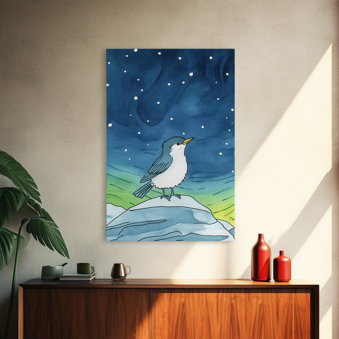 Cute Arctic Bird On Ice Under Aurora Canvas Print, Whimsical Animal Wall Art, Nursery Decor And Kids Room Decor Gift For Bird Lover