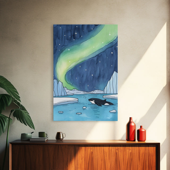Northern Lights Orca Wall Art, Arctic Ocean Canvas Print, Celestial Coastal Decor, Whale Wildlife Art For Nursery Room Decor