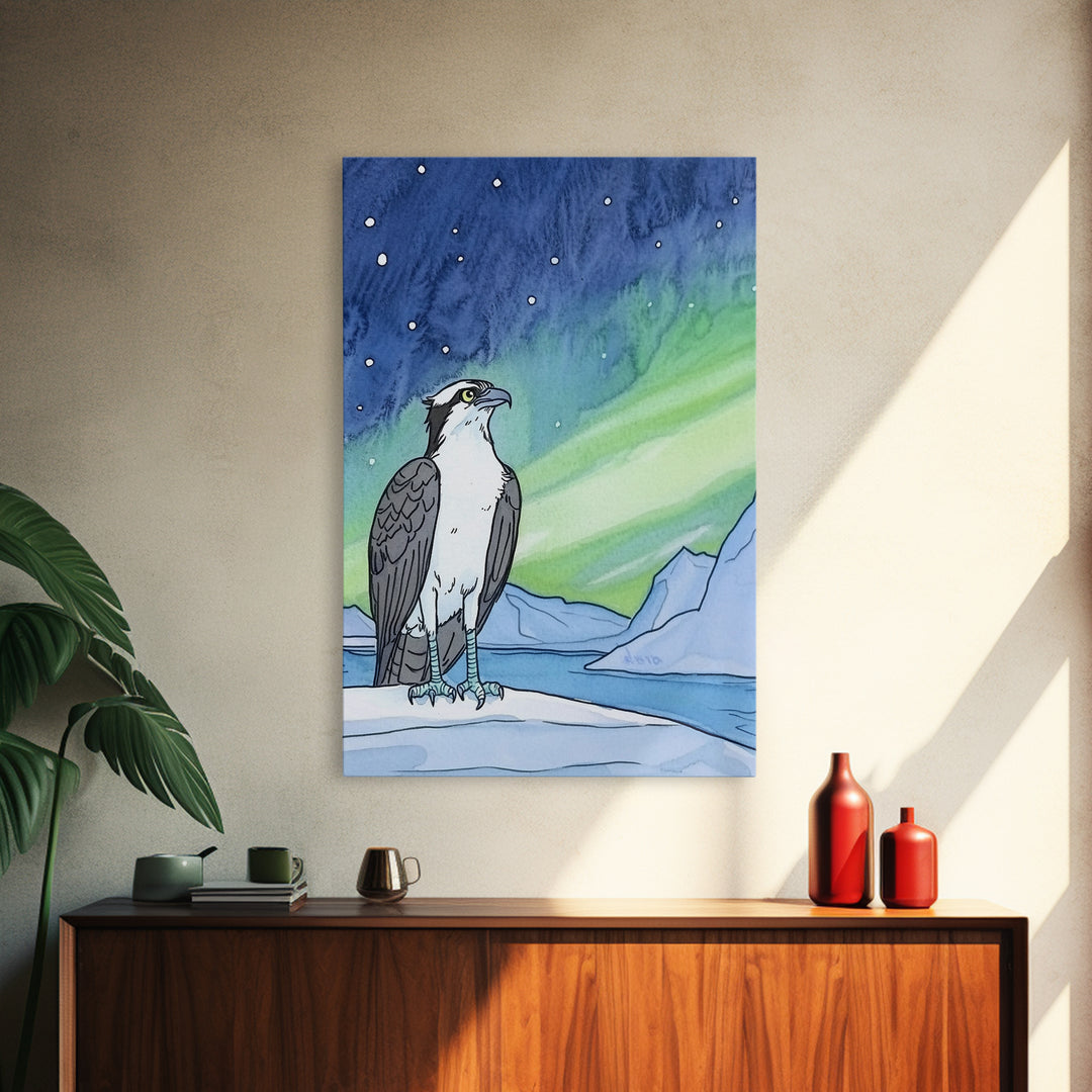 Osprey Under Northern Lights Wall Art, Arctic Bird Canvas Print, Celestial Nature Decor, Wildlife Art For Cabin Or Office