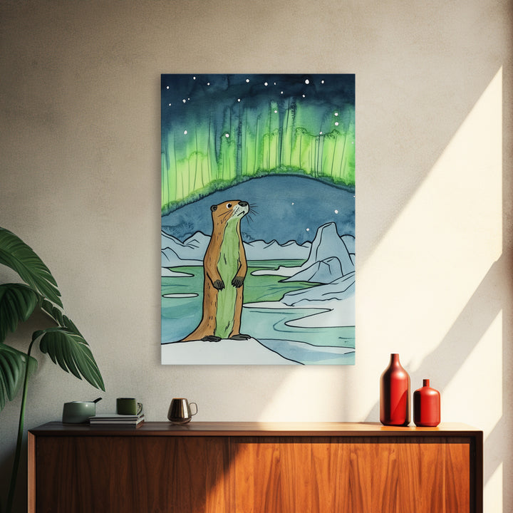 Curious Otter Under Green Aurora Wall Art, Arctic Animal Print, Northern Lights Decor, Whimsical Nursery And Kids Room Art