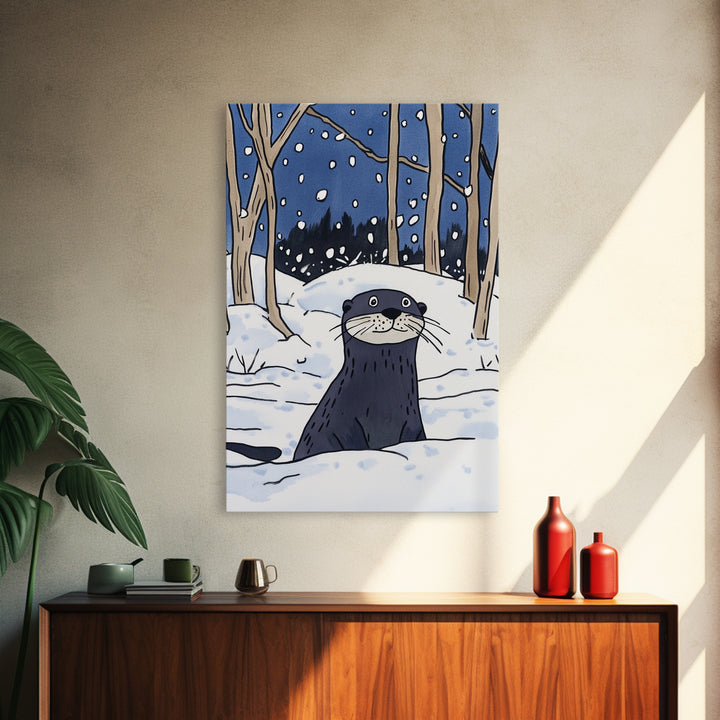 Snowy Forest Otter Wall Art, Winter Animal Print, Whimsical Wildlife Decor, Woodland Nursery Art And Cozy Cabin Decor Gift
