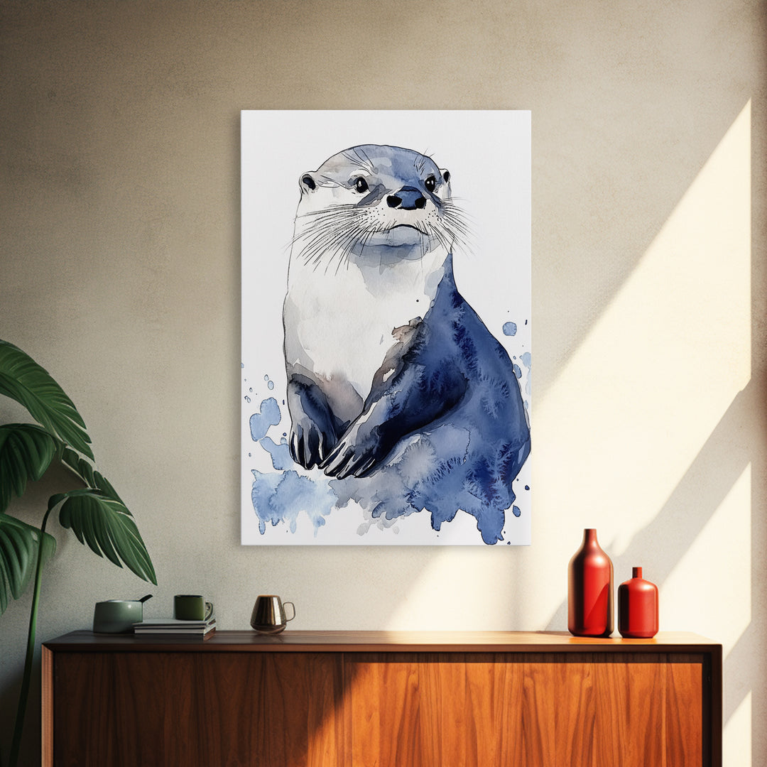 Blue Watercolor Otter Canvas Print, Coastal Animal Art, Wildlife Wall Decor, Nautical Nursery Print And Ocean Lover Gift
