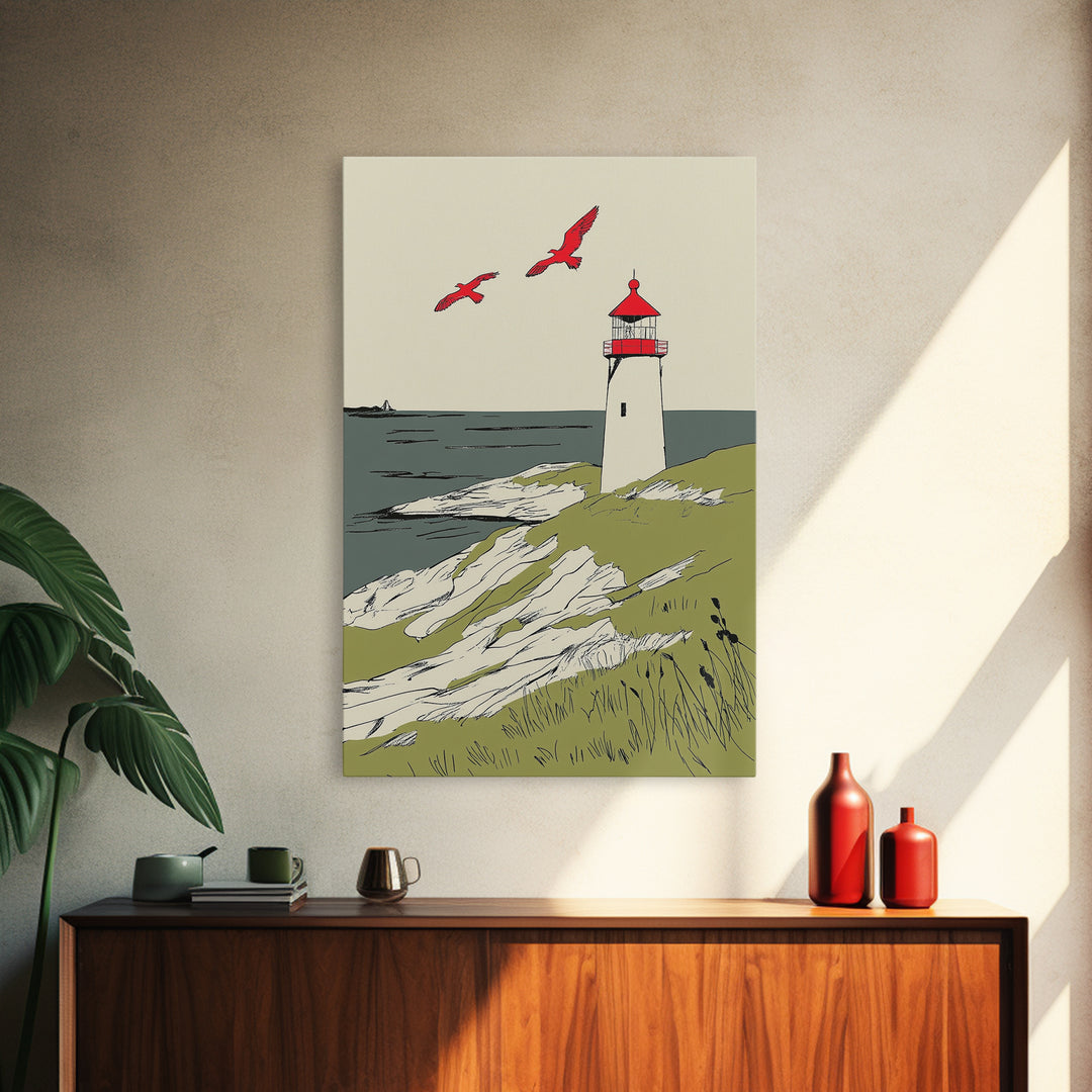 Coastal Lighthouse With Red Birds Wall Art, Nautical Print, Beach House Decor, Seaside Landscape Art And Ocean Wall Decor