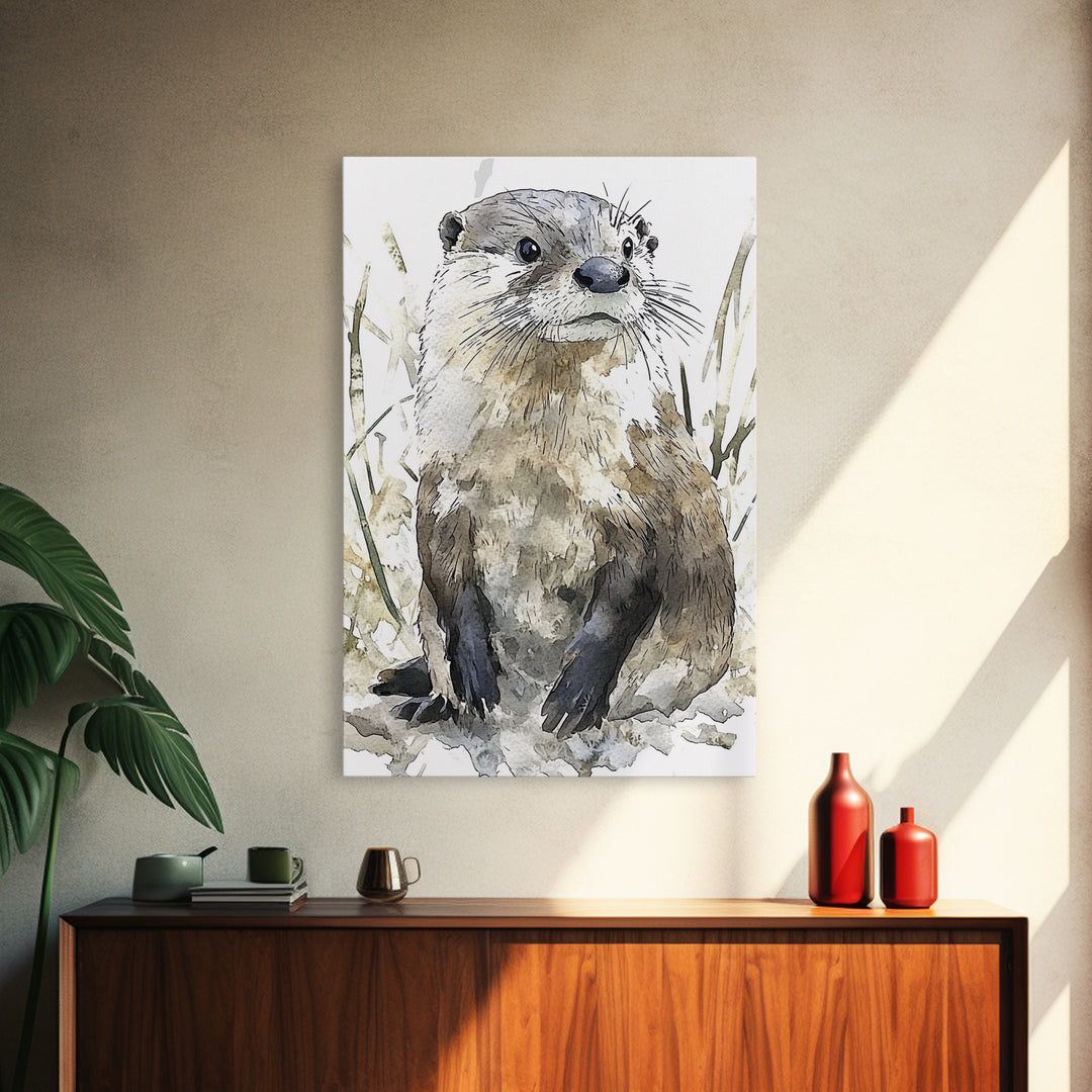 Neutral Watercolor Otter Framed Canvas Print, Wildlife Wall Art, Woodland Animal Decor, Nature Art Print And Housewarming Gift
