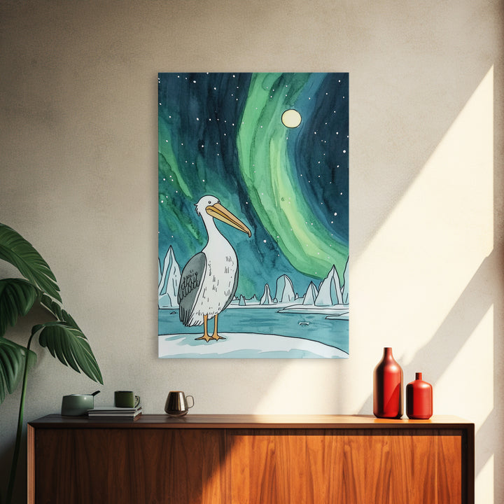 Pelican Under Green Aurora Canvas Print, Northern Lights Wall Art, Arctic Coastal Decor, Bird Lover Gift And Nursery Art