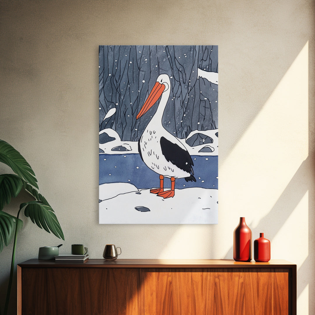 Snowy Pelican In Winter Woods Wall Art, Whimsical Bird Print, Wildlife Decor, Kids Room Art And Cozy Cabin Wall Decor Gift