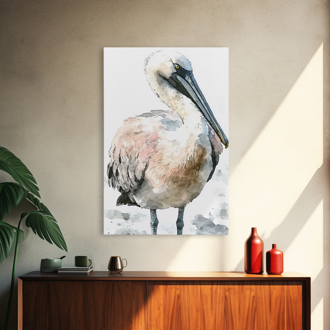 Soft Watercolor Pelican Framed Canvas Print, Coastal Bird Wall Art, Nautical Decor, Ocean Animal Print And Beach House Gift