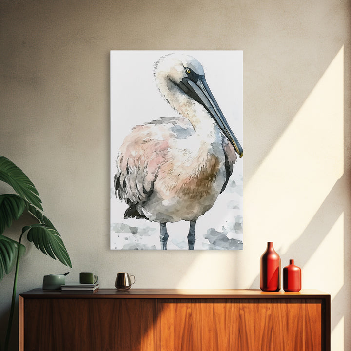 Soft Watercolor Pelican Framed Canvas Print, Coastal Bird Wall Art, Nautical Decor, Ocean Animal Print And Beach House Gift