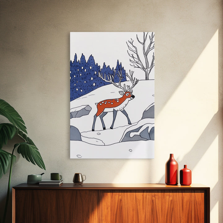 Red Reindeer In Snowy Forest Wall Art, Whimsical Winter Nursery Print, Woodland Animal Decor, Christmas Gift For Kids Room Decor