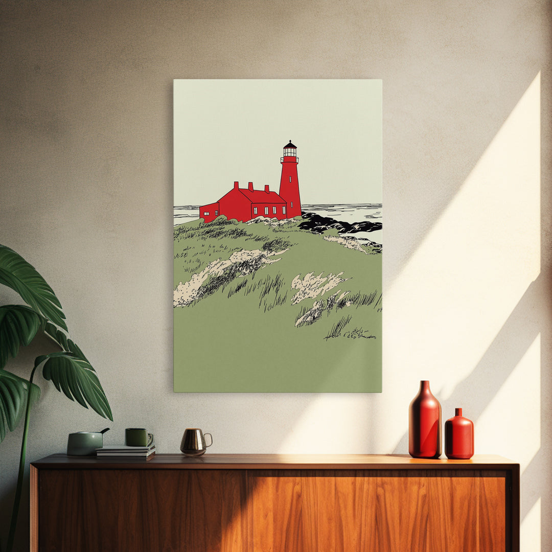 Red Coastal Lighthouse Canvas Print, Nautical Beach House Wall Art, Seascape Landscape Poster, Ocean Home Decor Gift For Her