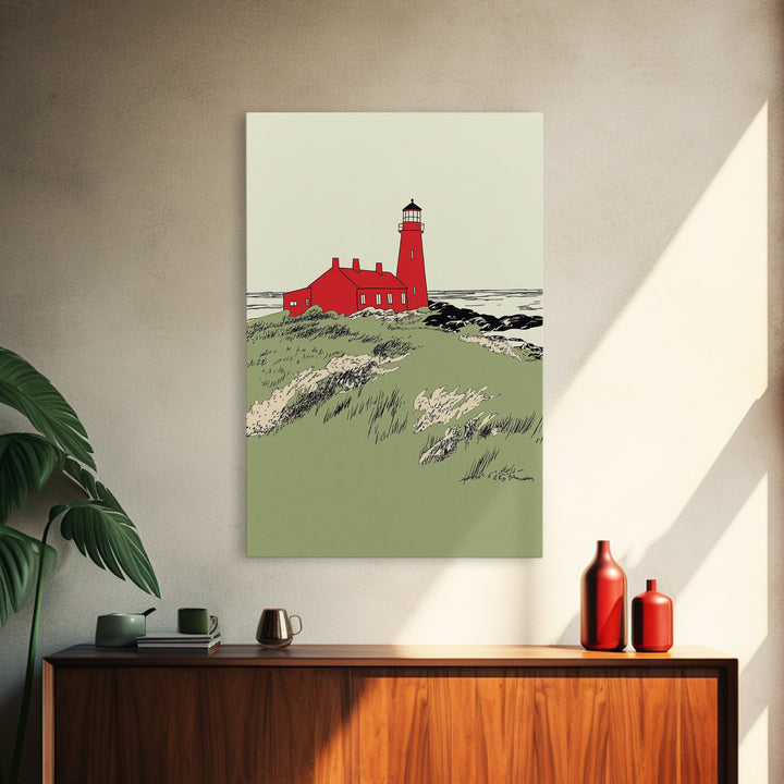Red Coastal Lighthouse Canvas Print, Nautical Beach House Wall Art, Seascape Landscape Poster, Ocean Home Decor Gift For Her