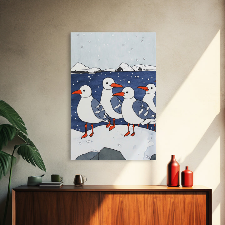 Arctic Seabirds On Snowy Shore Wall Art, Coastal Bird Print, Ocean Nursery Decor, Winter Wildlife Canvas Print Gift For Kids Room