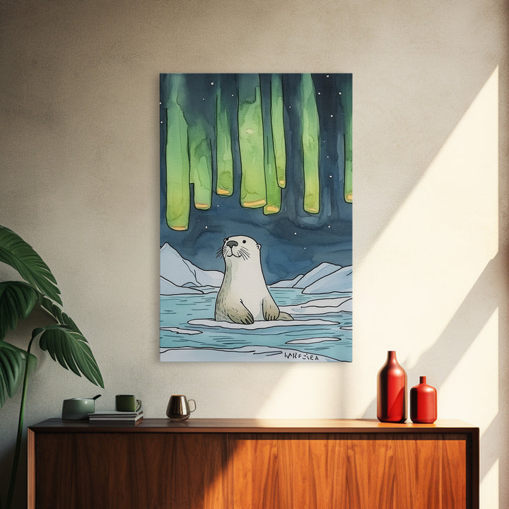 Whimsical Otter Under Northern Lights Wall Art, Arctic Animal Print, Kids Room Decor, Nursery Art, Coastal Nature Decor Gift