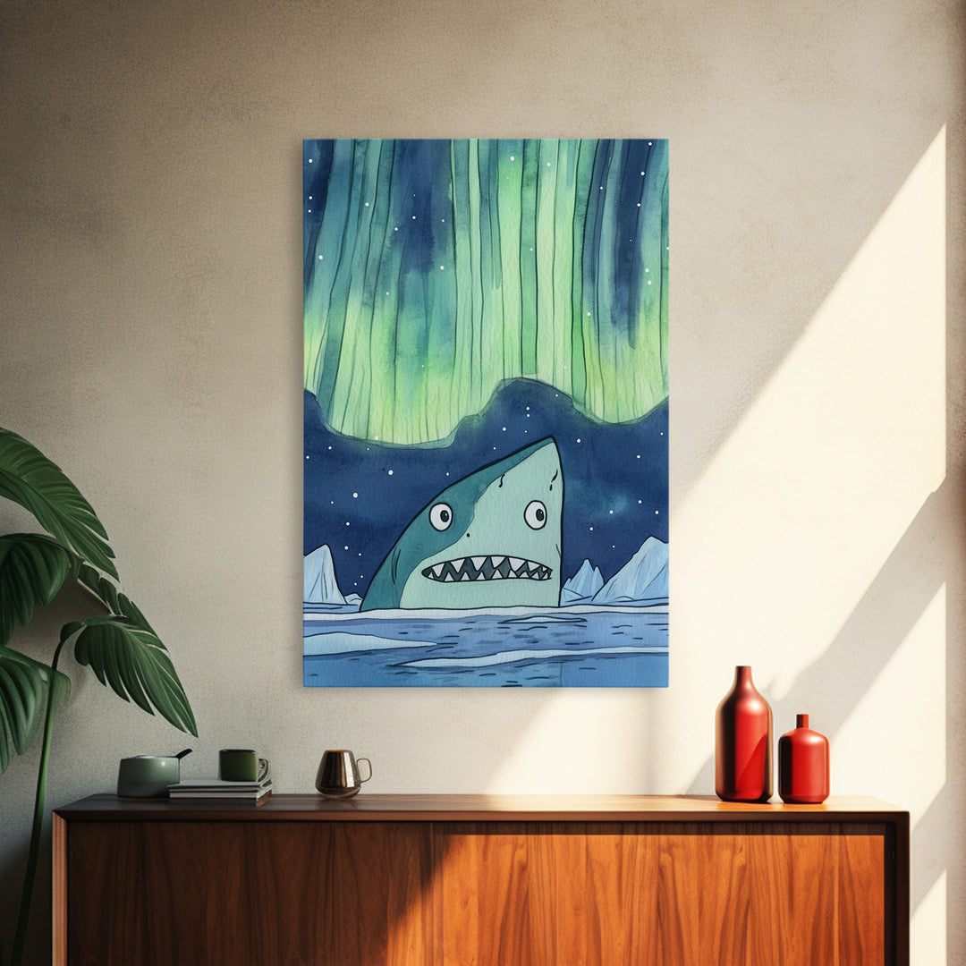 Whimsical Shark Under Northern Lights Wall Art, Arctic Ocean Print, Kids Room Decor, Nautical Nursery Art, Fun Coastal Decor